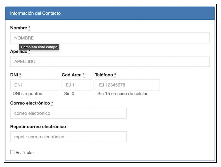 Paso 2 para sacar turno de la VTV en San Vicente: información del contacto